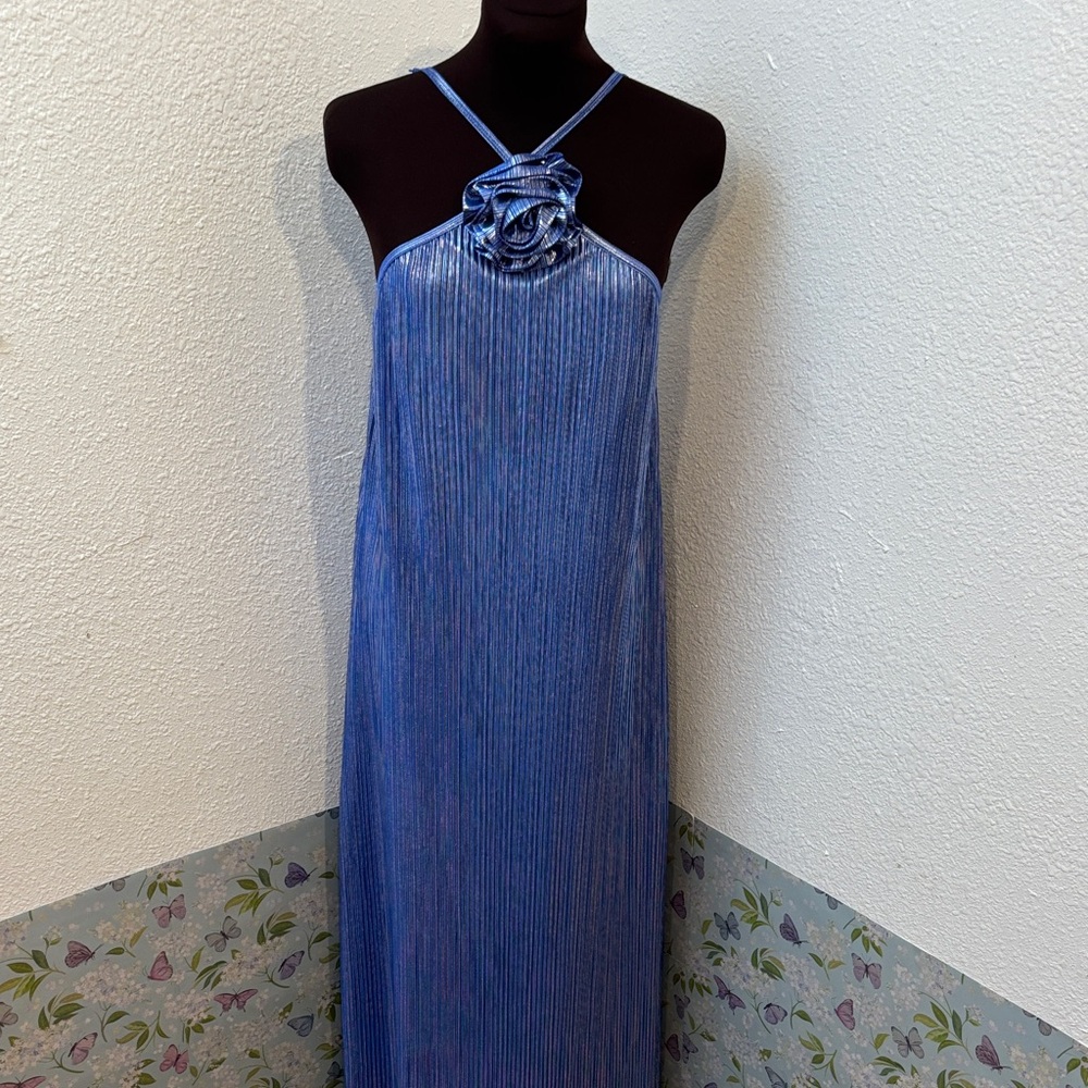 NWDT Candalite blue and silver sleeveless halter maxi dress. Size L.